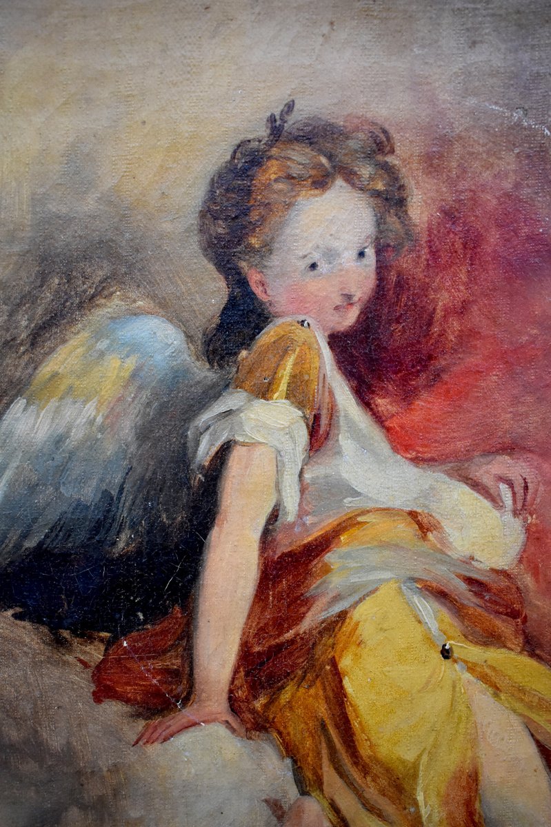 Ange , Huile Sur Toile Encadr&eacute;e Repr&eacute;sentant Un Ch&eacute;rubin, Angelot, Putti, Epoque Napol&eacute;on III, XIX &egrave;me-photo-3