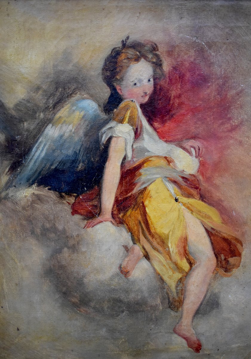 Ange , Huile Sur Toile Encadr&eacute;e Repr&eacute;sentant Un Ch&eacute;rubin, Angelot, Putti, Epoque Napol&eacute;on III, XIX &egrave;me