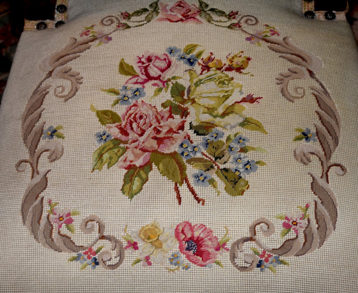Regency Style High Back Chair, Embroidered Fabric With Small Dots, Decor Of Roses, XIX-photo-4