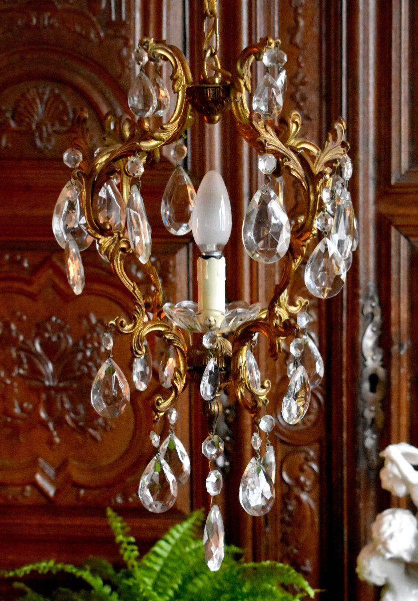 Lustre Cage En Bronze Dor&eacute; Et Pampilles,  Lustre d\'Entr&eacute;e ou de Couloir, Eclairage &agrave; Un Feu-photo-3