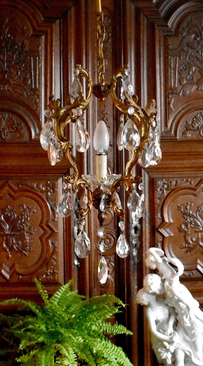 Lustre Cage En Bronze Dor&eacute; Et Pampilles,  Lustre d\'Entr&eacute;e ou de Couloir, Eclairage &agrave; Un Feu-photo-4