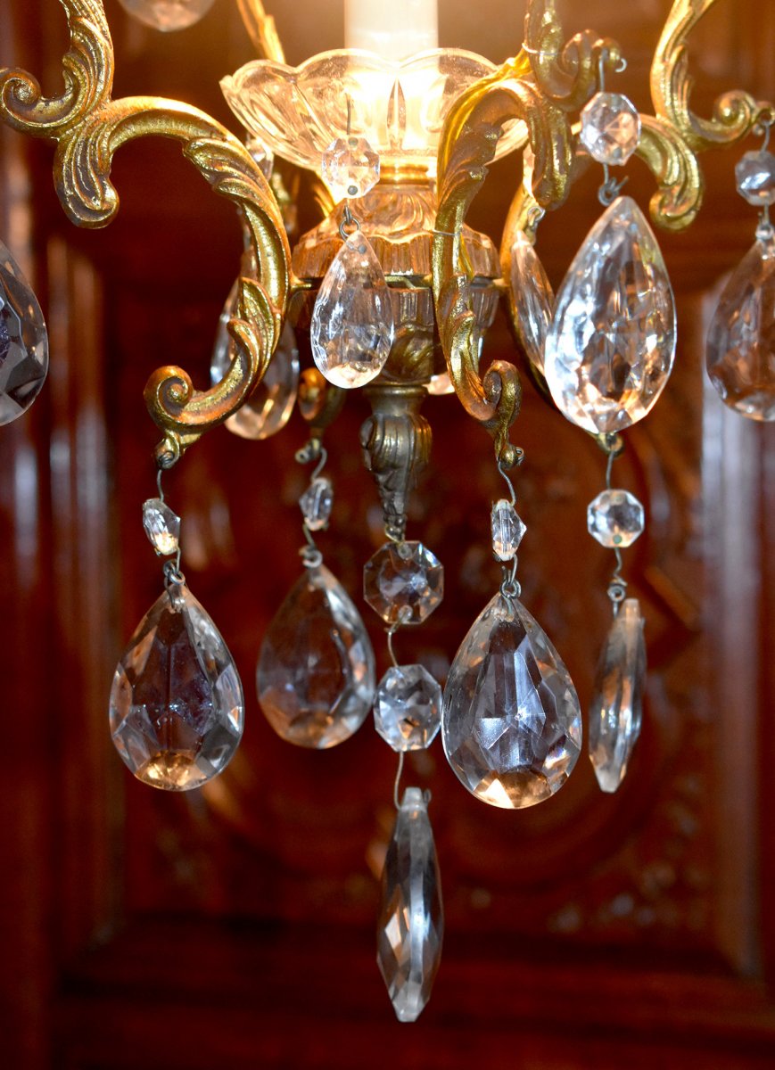 Lustre Cage En Bronze Dor&eacute; Et Pampilles,  Lustre d\'Entr&eacute;e ou de Couloir, Eclairage &agrave; Un Feu-photo-6