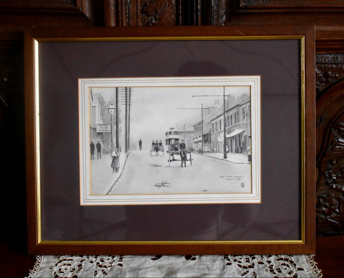 Double Decker Bus And Carriage, Lead Mine Drawing, England, Street Scene, 1920s-photo-2