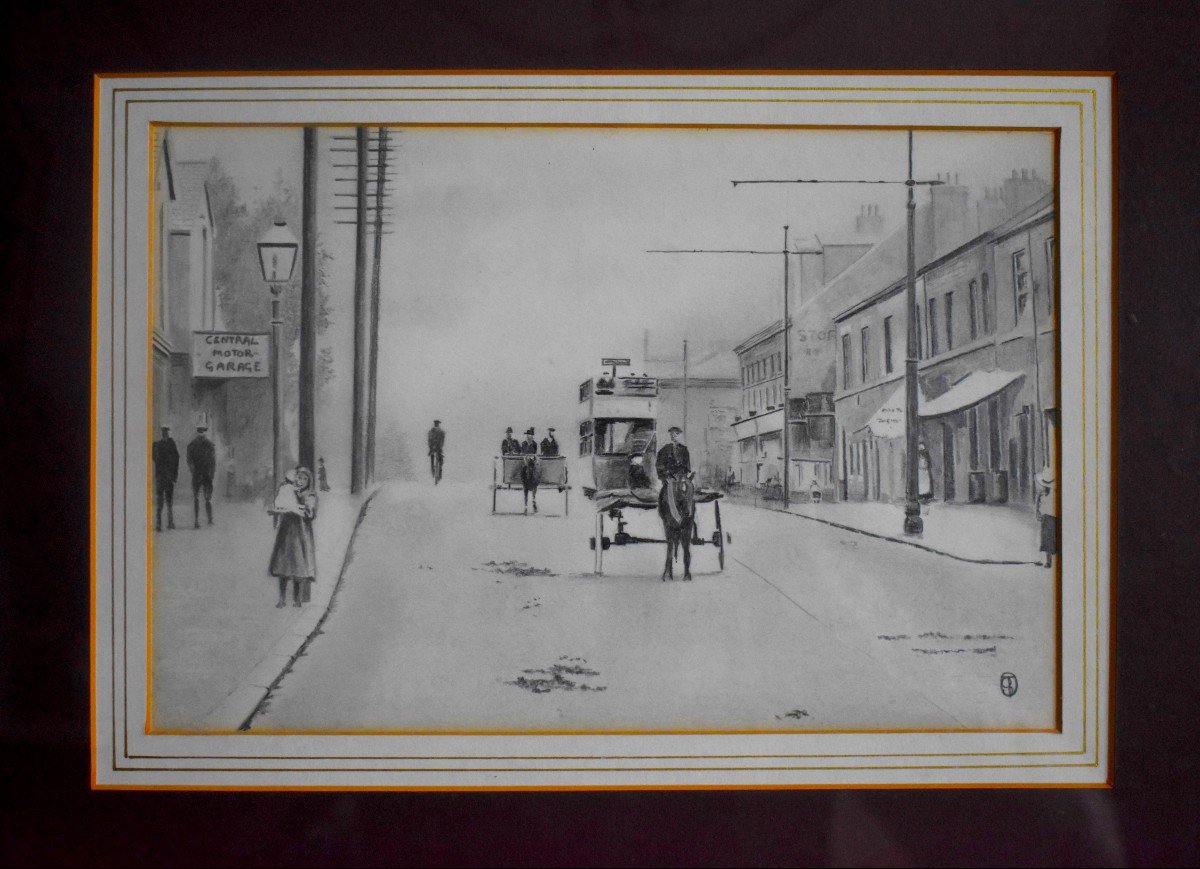 Double Decker Bus And Carriage, Lead Mine Drawing, England, Street Scene, 1920s-photo-3