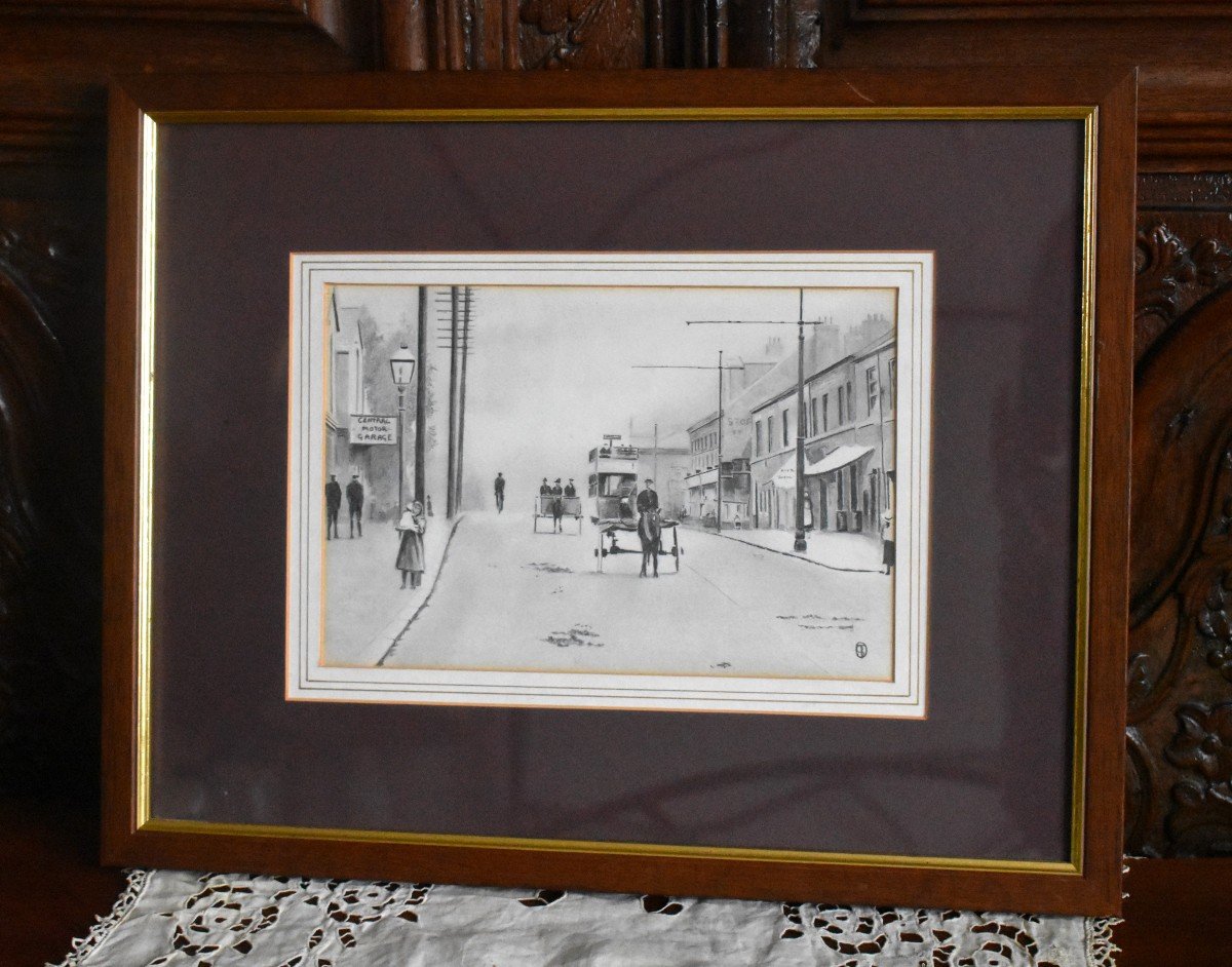 Double Decker Bus And Carriage, Lead Mine Drawing, England, Street Scene, 1920s-photo-6