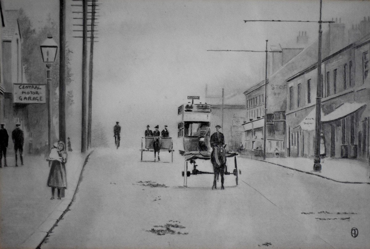 Double Decker Bus And Carriage, Lead Mine Drawing, England, Street Scene, 1920s