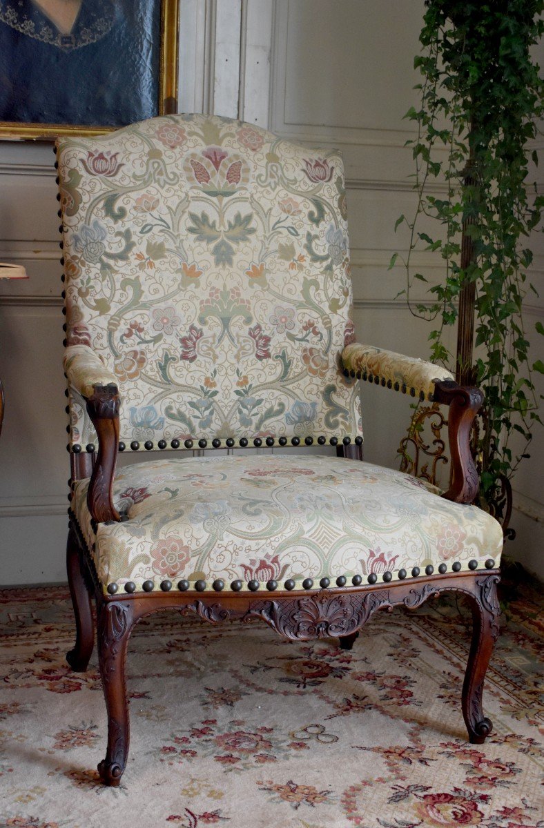 Grand Fauteuil De Style R&eacute;gence &agrave; Haut Dossier, Tissu &agrave; La Rose Tudor, Epoque XIX &egrave;me-photo-2