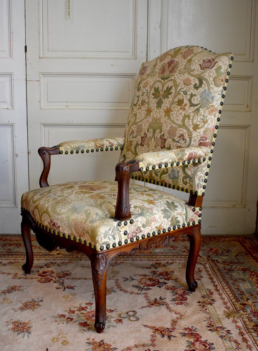 Large Regence Style Armchair With High Back, Tudor Rose Fabric, XIXth Epoque-photo-3