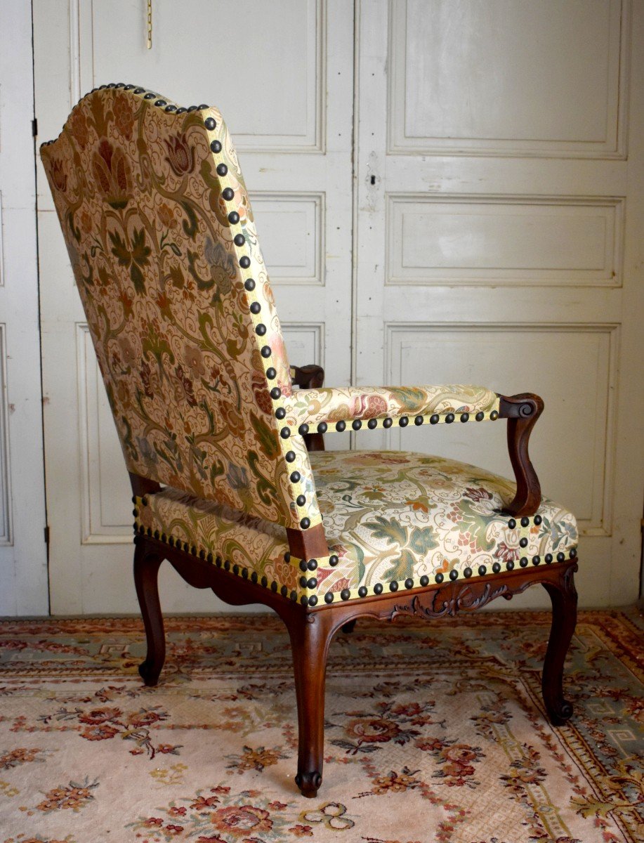 Large Regence Style Armchair With High Back, Tudor Rose Fabric, XIXth Epoque-photo-4
