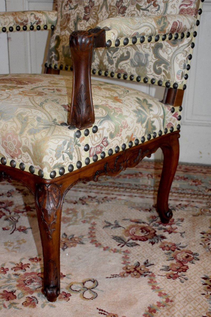 Large Regence Style Armchair With High Back, Tudor Rose Fabric, XIXth Epoque-photo-1