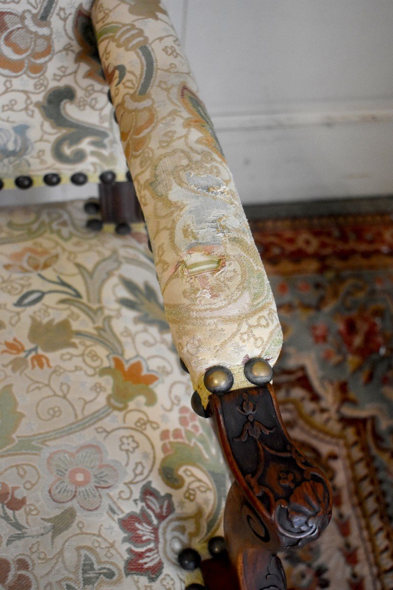 Large Regence Style Armchair With High Back, Tudor Rose Fabric, XIXth Epoque-photo-5