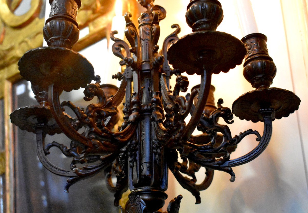 Grand Chandelier En Bronze , Dragons Et Cariatide,   Candélabre à Sept Feux , Bougeoir, XIX ème-photo-2