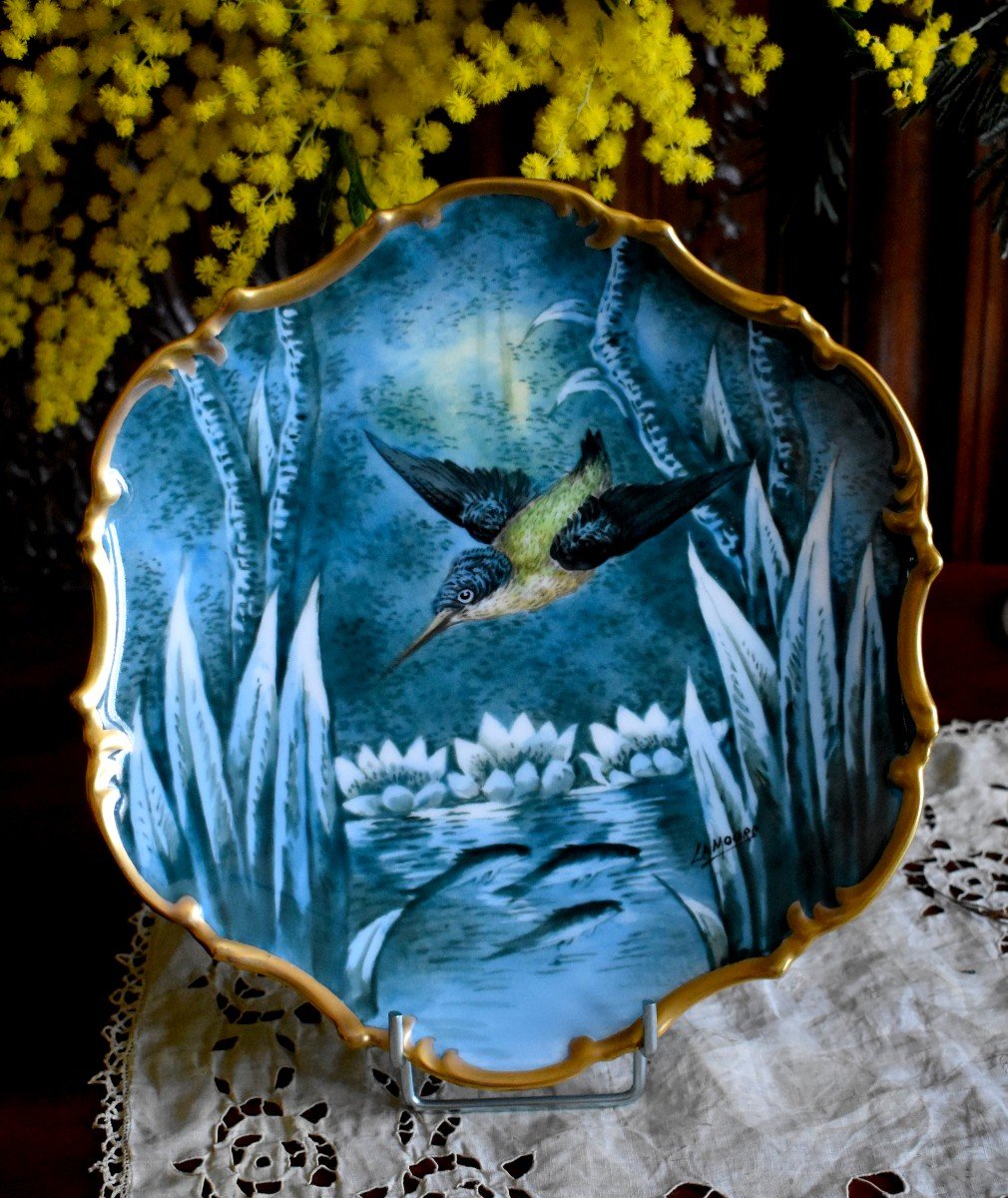 Porcelain Pastaud Limoges, Pair Of Decorative Dishes With Kingfisher, Hand Painted Decor-photo-4