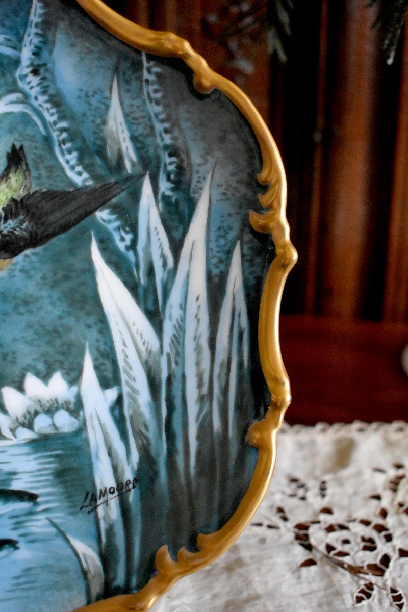 Porcelain Pastaud Limoges, Pair Of Decorative Dishes With Kingfisher, Hand Painted Decor-photo-6