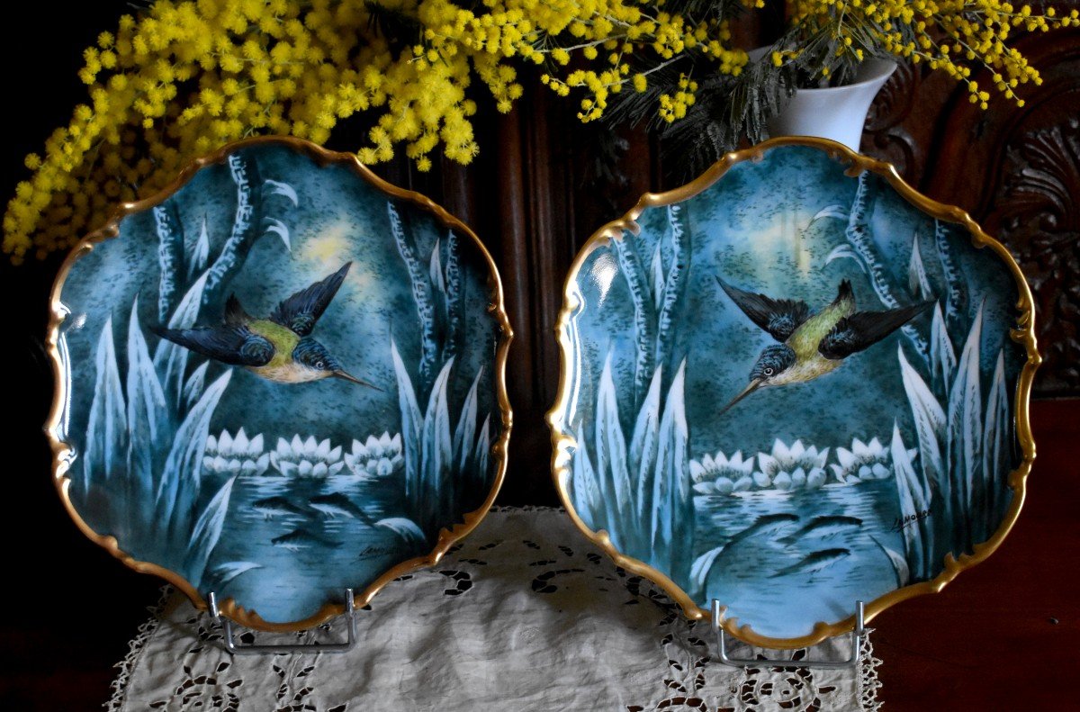 Porcelain Pastaud Limoges, Pair Of Decorative Dishes With Kingfisher, Hand Painted Decor-photo-8