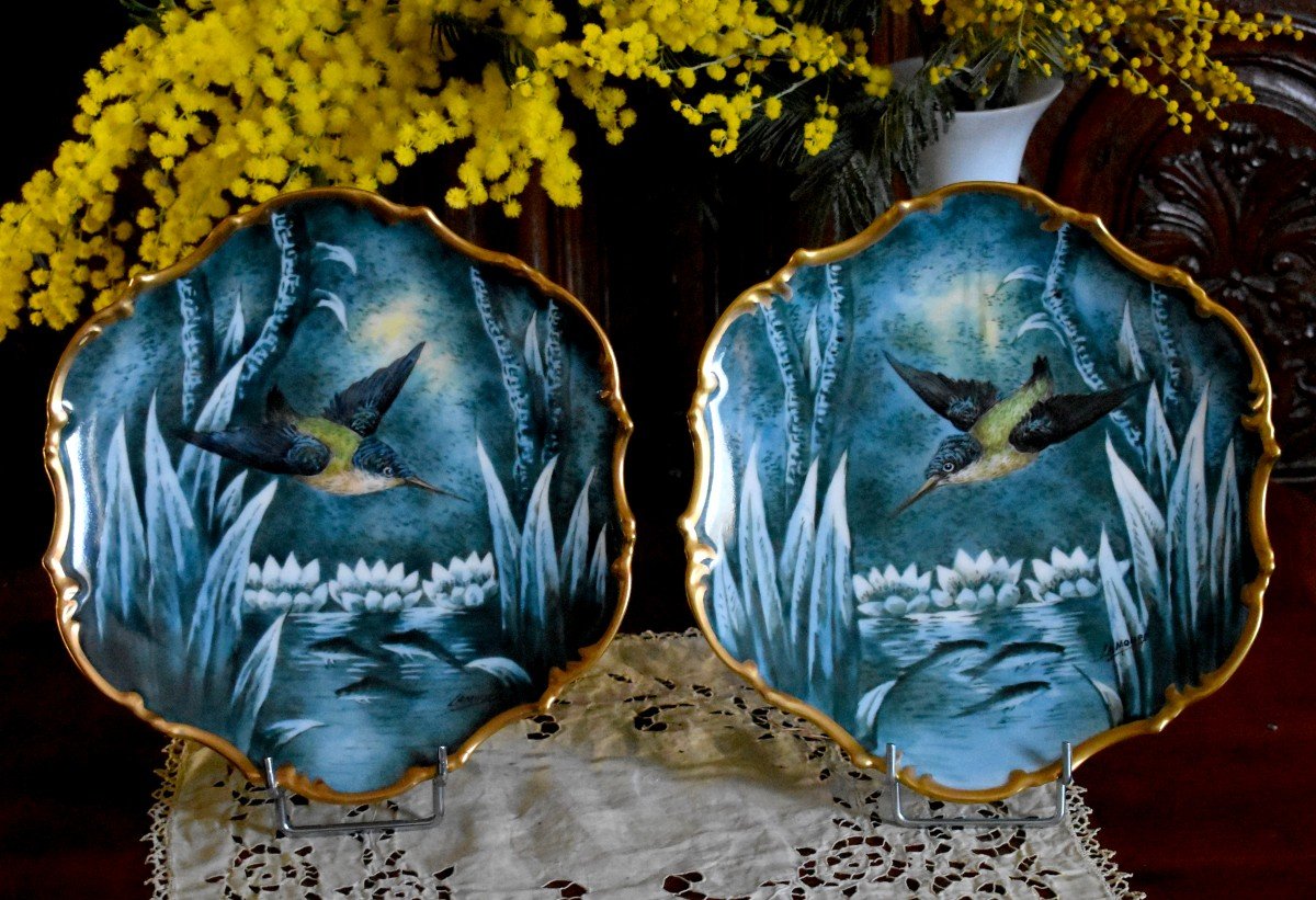 Porcelain Pastaud Limoges, Pair Of Decorative Dishes With Kingfisher, Hand Painted Decor