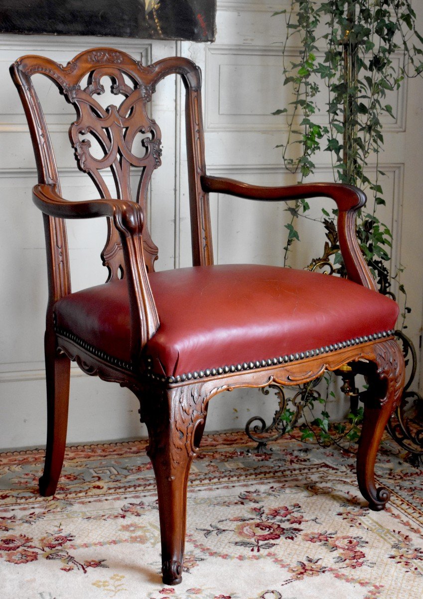 English Office Chair, Chippendale Style, Mahogany And Leather, Late Nineteenth-photo-2