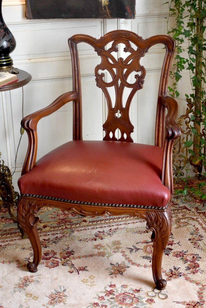 English Office Chair, Chippendale Style, Mahogany And Leather, Late Nineteenth-photo-3