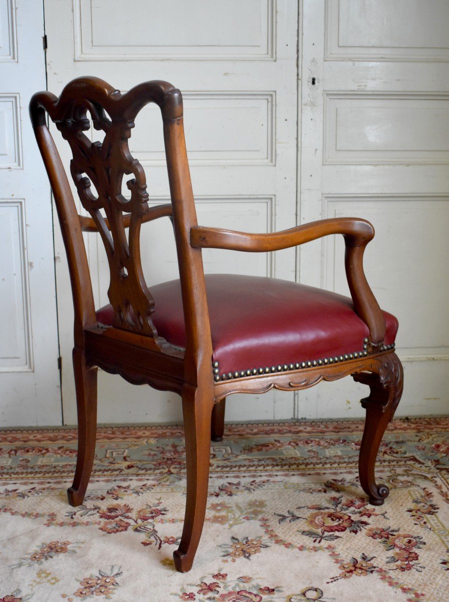 Fauteuil De Bureau Anglais , Style Chippendale, Acajou Et Cuir , Fin XIX &egrave;me-photo-2