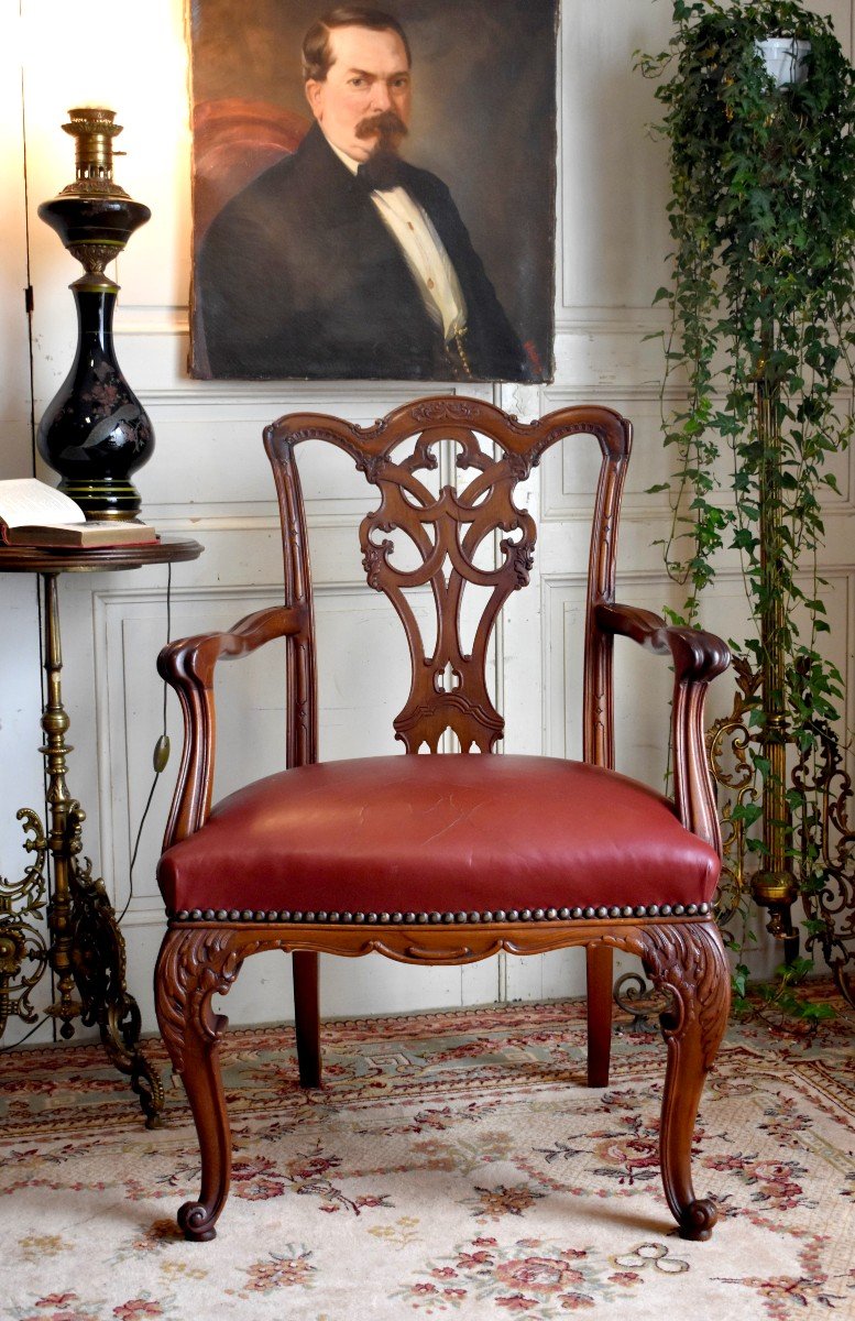 English Office Chair, Chippendale Style, Mahogany And Leather, Late Nineteenth
