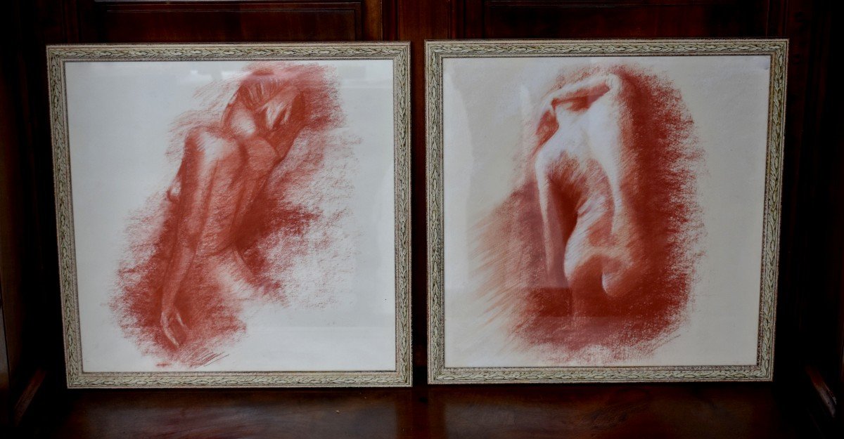 Paire De Sanguines ,  Nu Féminin, Etude Académique, Sanguine, Epoque XX ème-photo-2