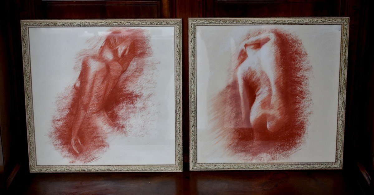 Pair Of Sanguines, Female Nude, Academic Study, Sanguine, Epoque XXth-photo-2