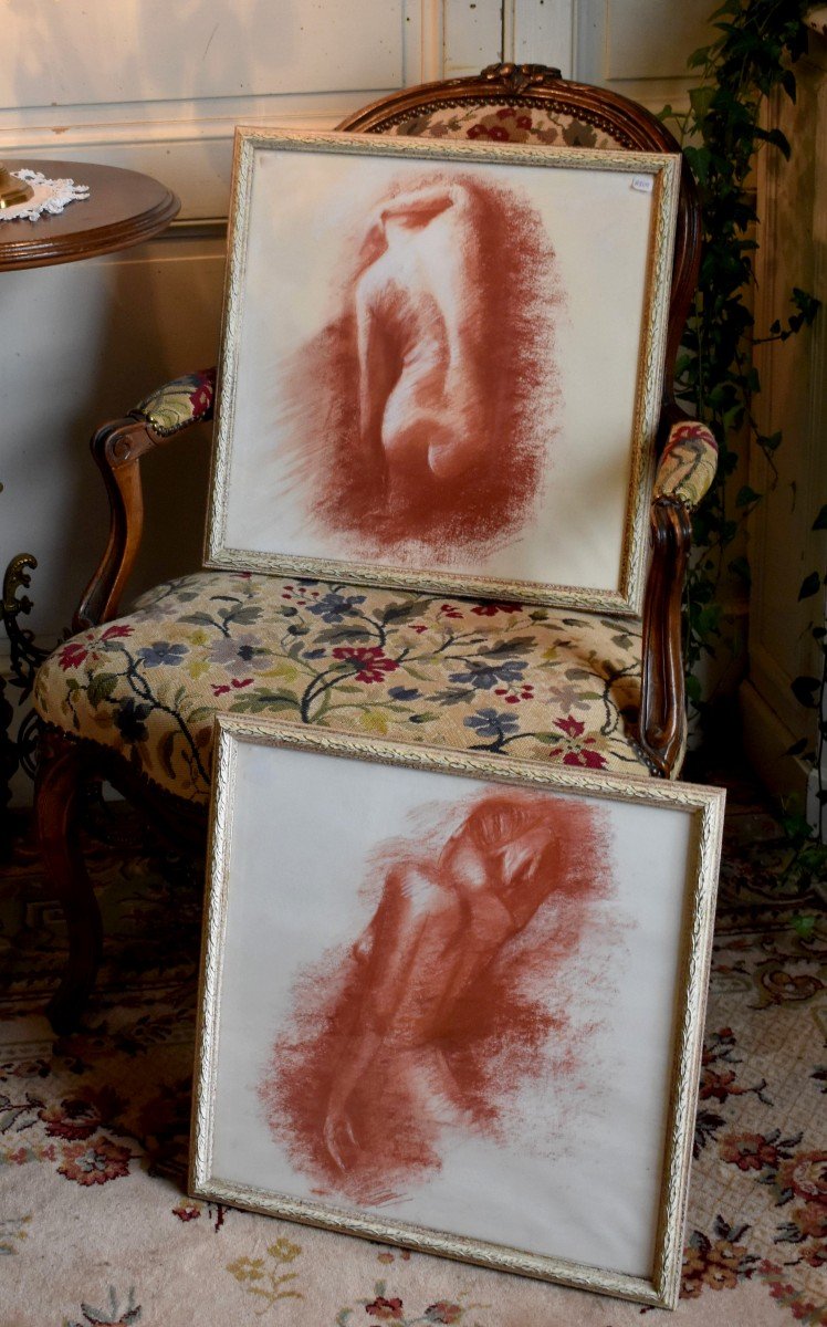 Paire De Sanguines ,  Nu Féminin, Etude Académique, Sanguine, Epoque XX ème-photo-8