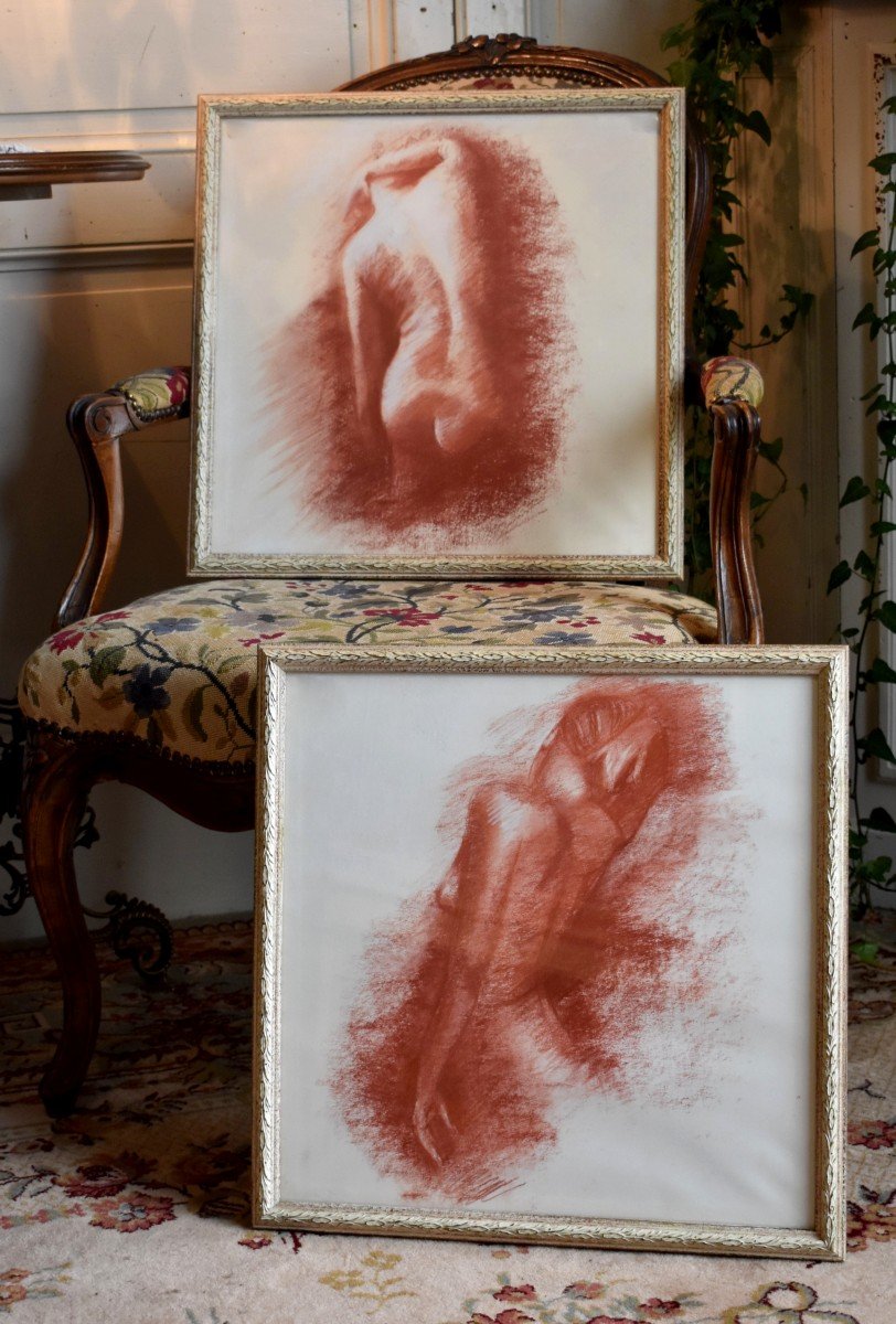 Paire De Sanguines ,  Nu Féminin, Etude Académique, Sanguine, Epoque XX ème