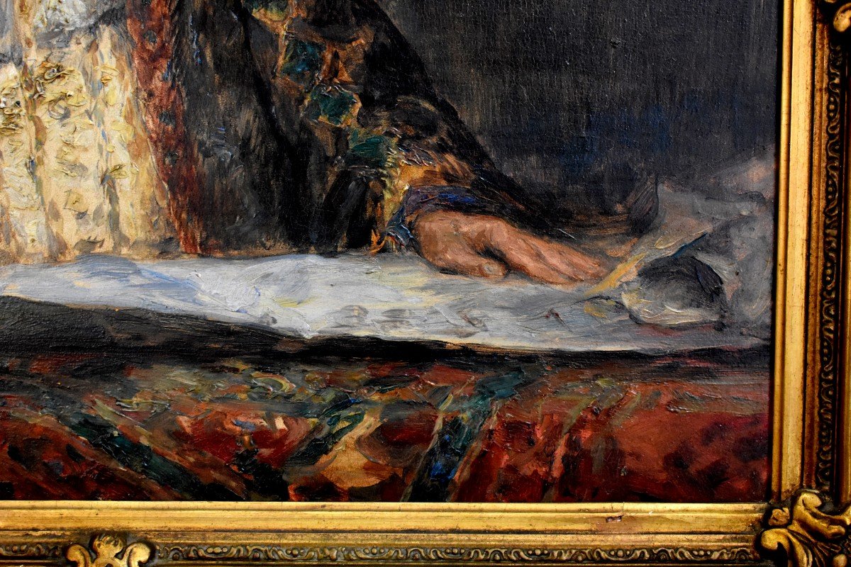 Hippolyte Leon François Duluard ( 1871-1953) "L'Ecrivain" , Gentilhomme de la Renaissance à Sa Table d'Ecriture, Huile sur Panneau-photo-2
