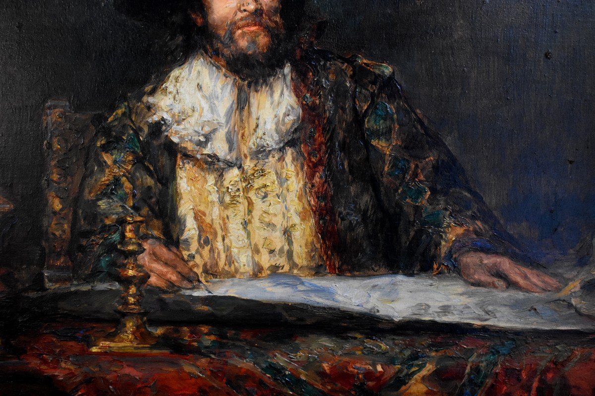 Hippolyte Leon François Duluard ( 1871-1953) "L'Ecrivain" , Gentilhomme de la Renaissance à Sa Table d'Ecriture, Huile sur Panneau-photo-3