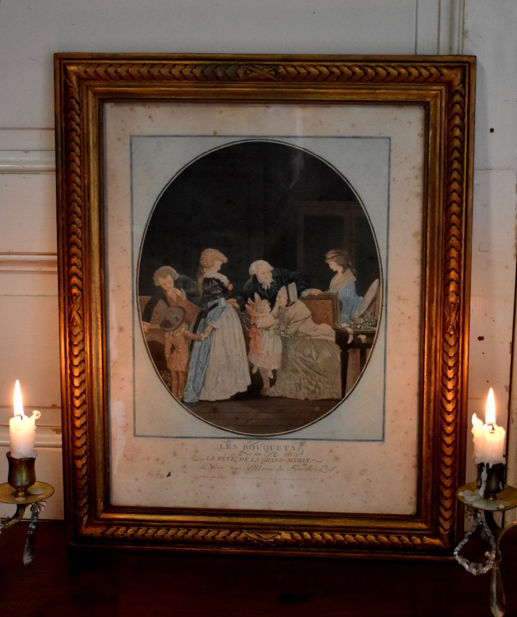 D&eacute;di&eacute; Aux M&egrave;res Et Aux P&egrave;res De Familles, Paire De Gravure Coloris&eacute;es, Epoque Fin XVIIIeme, Le Compliment et Les Bouquets-photo-2