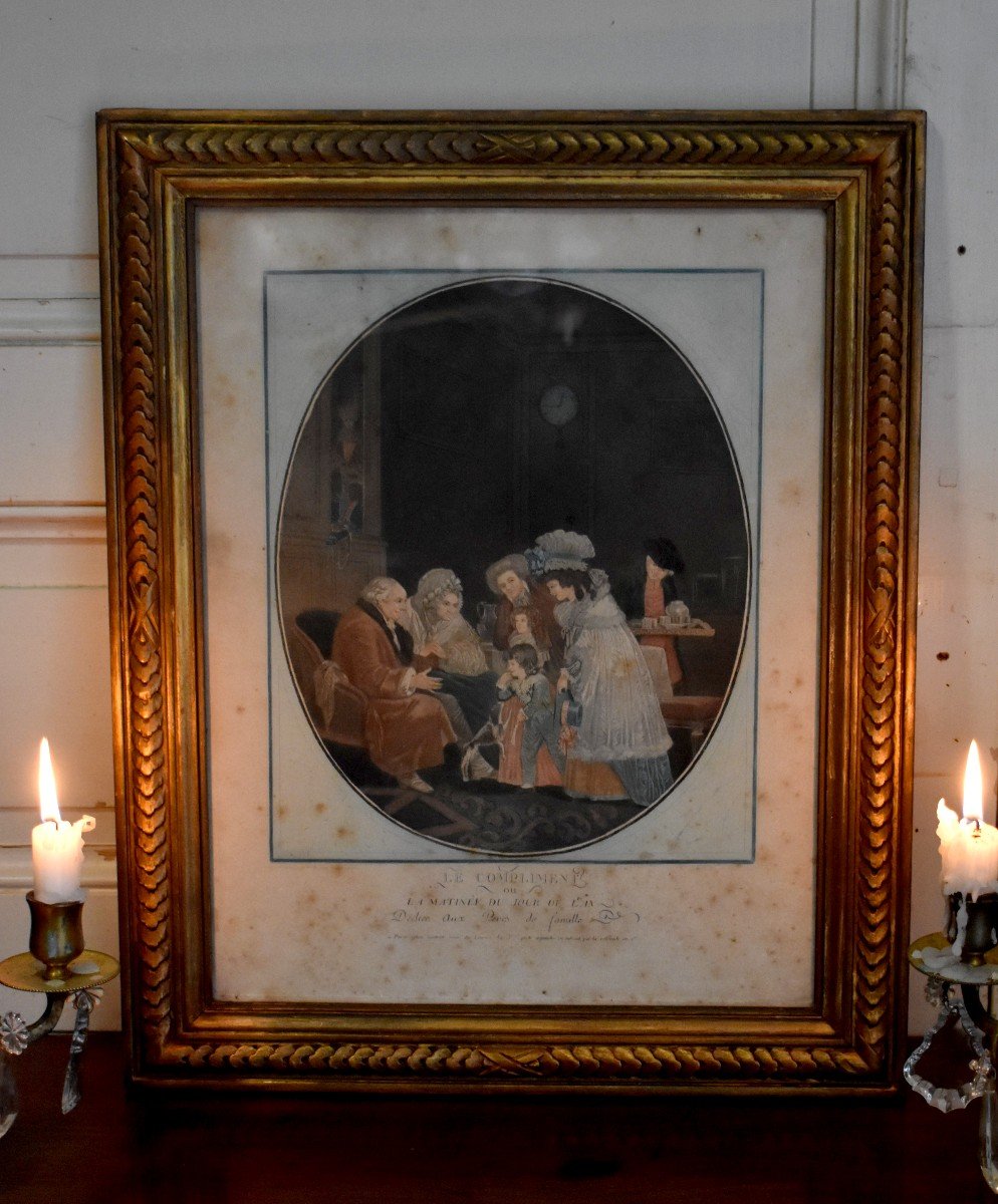 D&eacute;di&eacute; Aux M&egrave;res Et Aux P&egrave;res De Familles, Paire De Gravure Coloris&eacute;es, Epoque Fin XVIIIeme, Le Compliment et Les Bouquets-photo-3