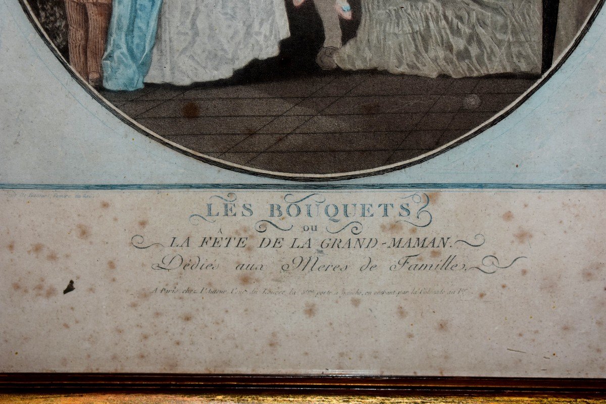 D&eacute;di&eacute; Aux M&egrave;res Et Aux P&egrave;res De Familles, Paire De Gravure Coloris&eacute;es, Epoque Fin XVIIIeme, Le Compliment et Les Bouquets-photo-1