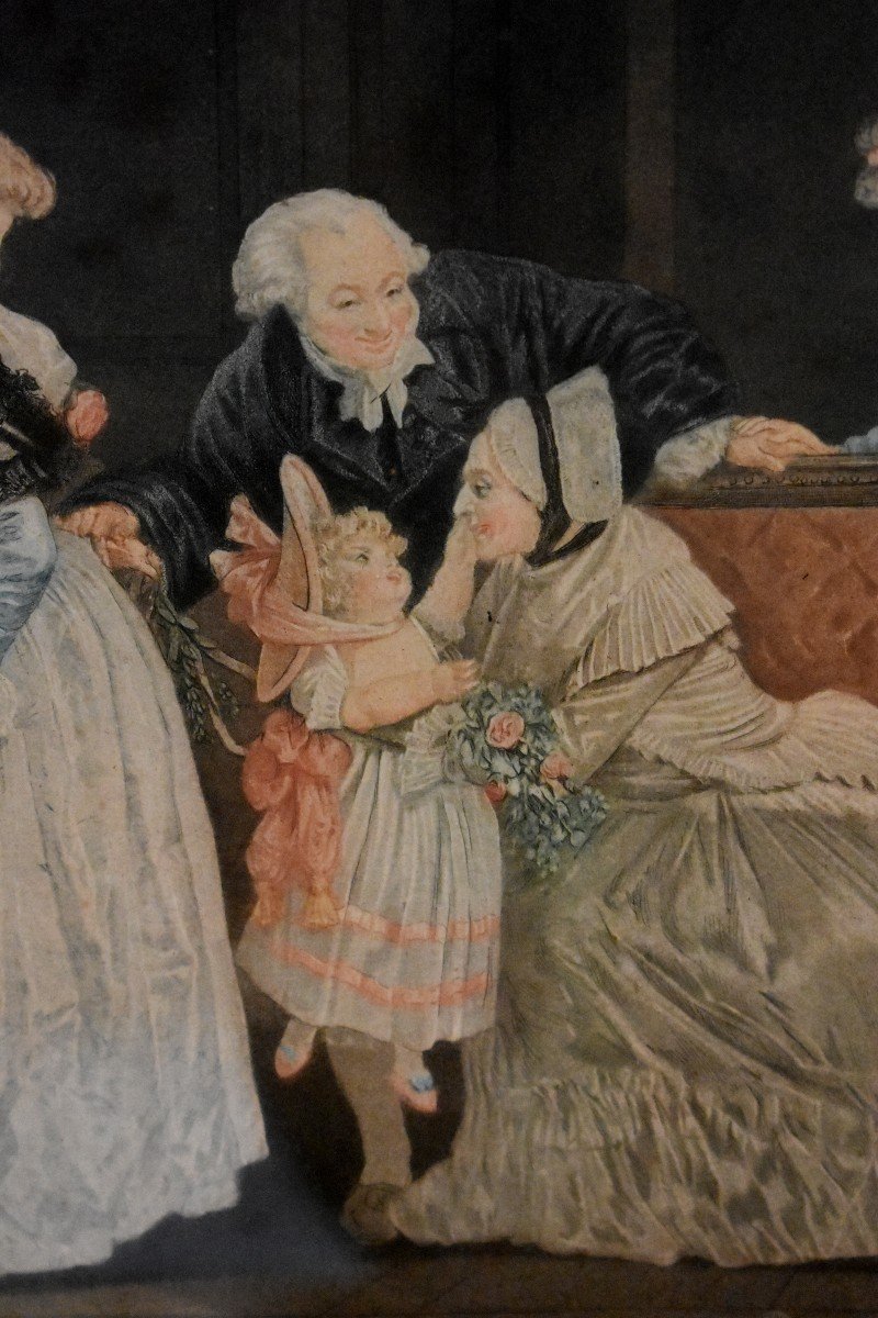 D&eacute;di&eacute; Aux M&egrave;res Et Aux P&egrave;res De Familles, Paire De Gravure Coloris&eacute;es, Epoque Fin XVIIIeme, Le Compliment et Les Bouquets-photo-2