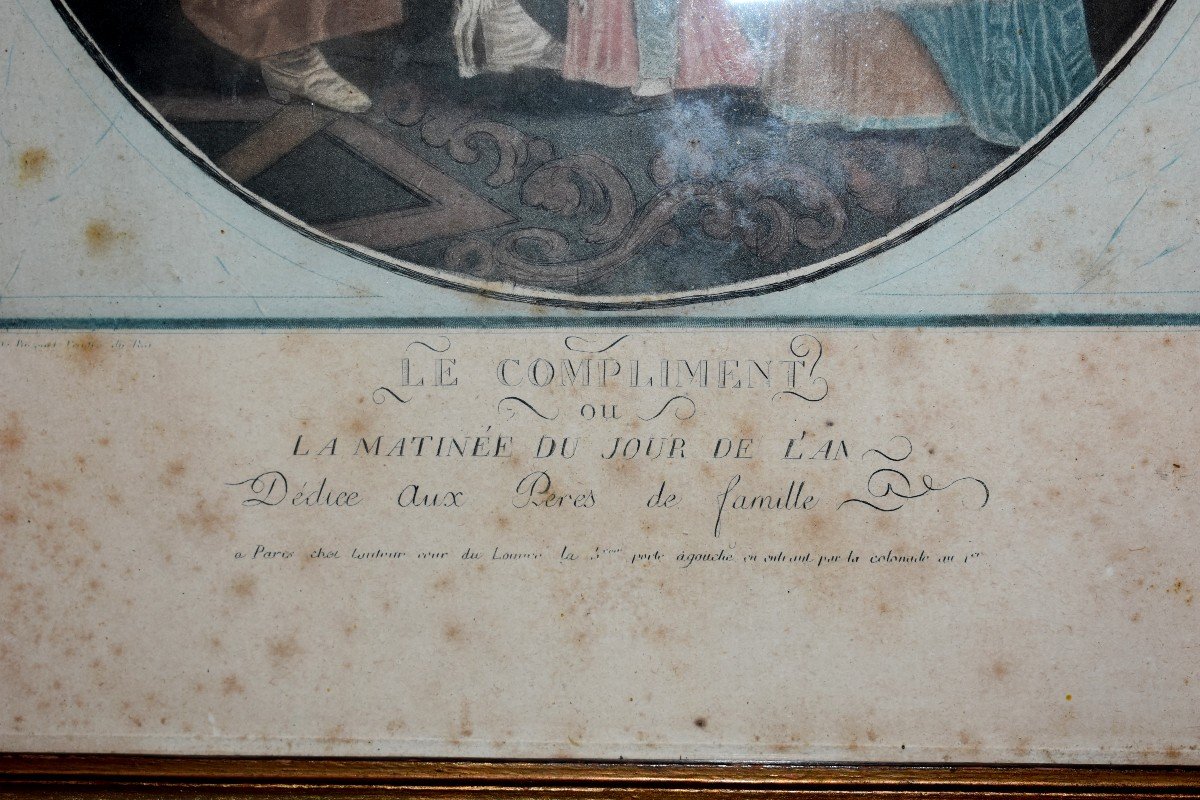 D&eacute;di&eacute; Aux M&egrave;res Et Aux P&egrave;res De Familles, Paire De Gravure Coloris&eacute;es, Epoque Fin XVIIIeme, Le Compliment et Les Bouquets-photo-5