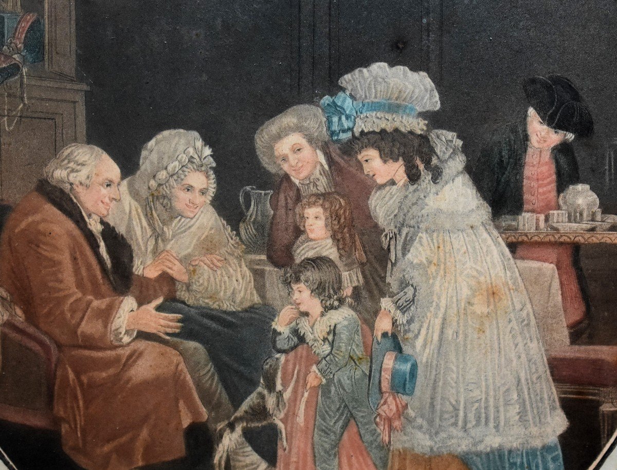 D&eacute;di&eacute; Aux M&egrave;res Et Aux P&egrave;res De Familles, Paire De Gravure Coloris&eacute;es, Epoque Fin XVIIIeme, Le Compliment et Les Bouquets-photo-6