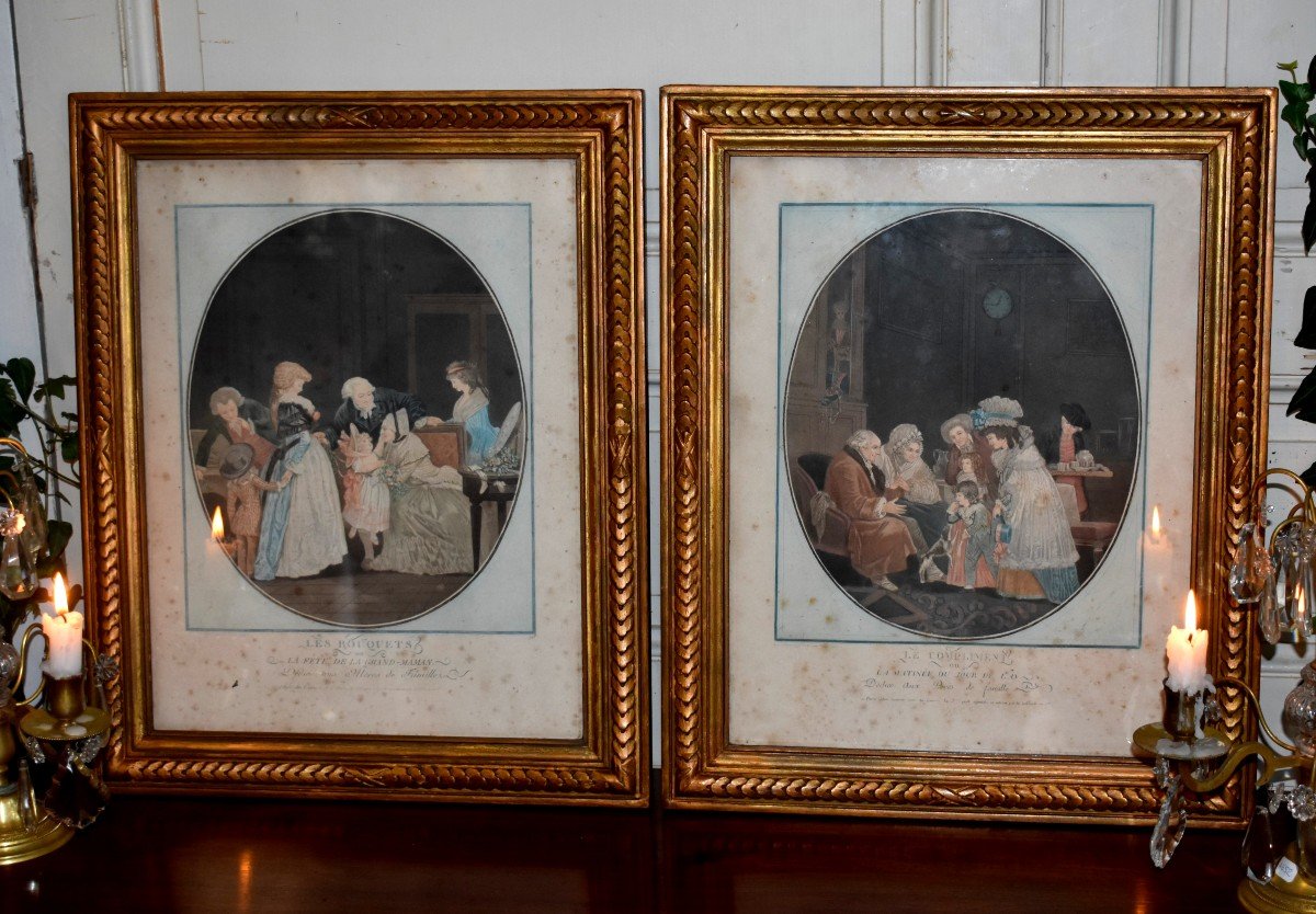 Dedicated To Mothers And Fathers Of Families, Pair Of Colorized Engravings, Late 18th Century