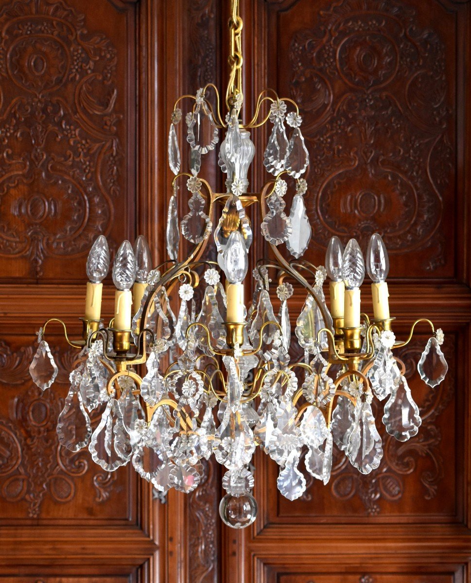 Large Chandelier With Tassels In Louis XV Style, Golden Brass And Crystal, Cage Chandelier, Nine Lights-photo-2