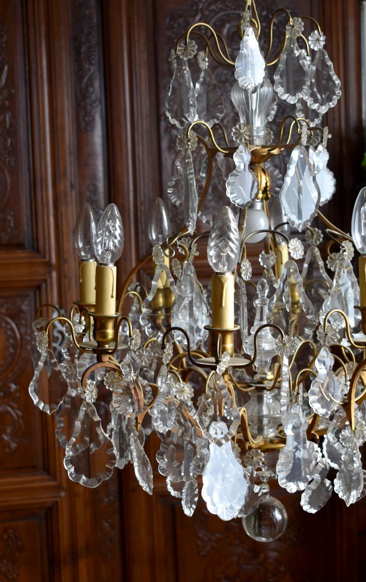 Large Chandelier With Tassels In Louis XV Style, Golden Brass And Crystal, Cage Chandelier, Nine Lights-photo-2