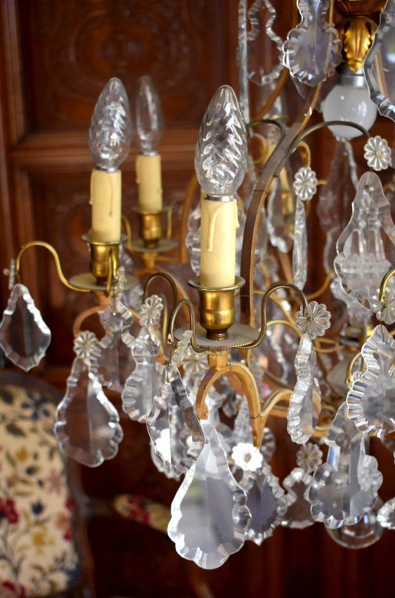 Large Chandelier With Tassels In Louis XV Style, Golden Brass And Crystal, Cage Chandelier, Nine Lights-photo-4