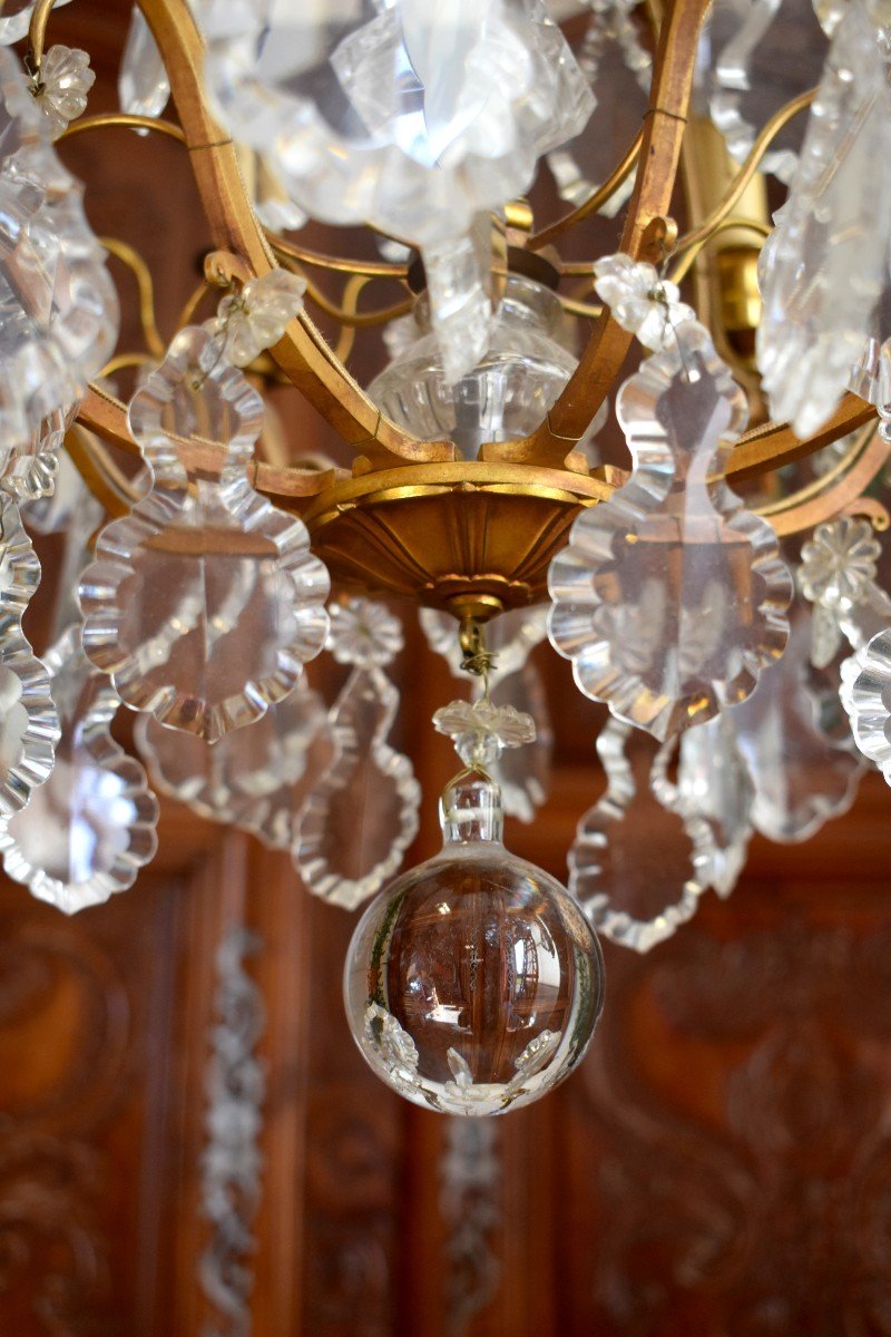 Large Chandelier With Tassels In Louis XV Style, Golden Brass And Crystal, Cage Chandelier, Nine Lights-photo-7