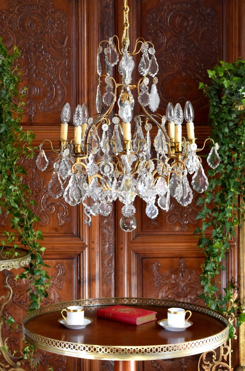 Large Chandelier With Tassels In Louis XV Style, Golden Brass And Crystal, Cage Chandelier, Nine Lights