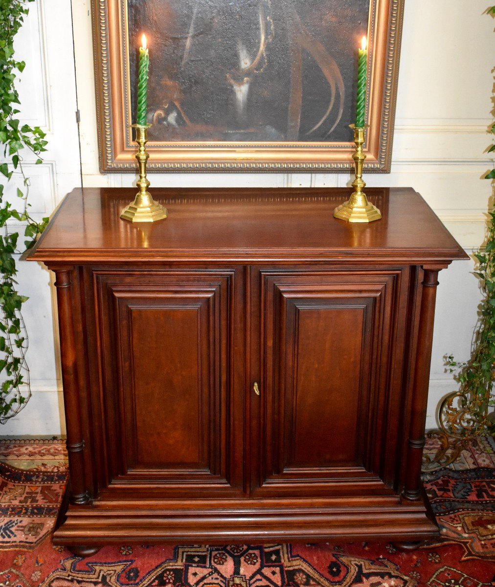 Renaissance / Haute Epoque Style Low Buffet In Speckled Mahogany, Column Cabinet, XIX Eme-photo-3