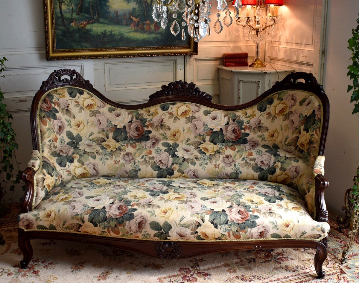 Carved Mahogany Bench, Three-seater Sofa, Fabric With Old Roses, XIX Eme Period-photo-2
