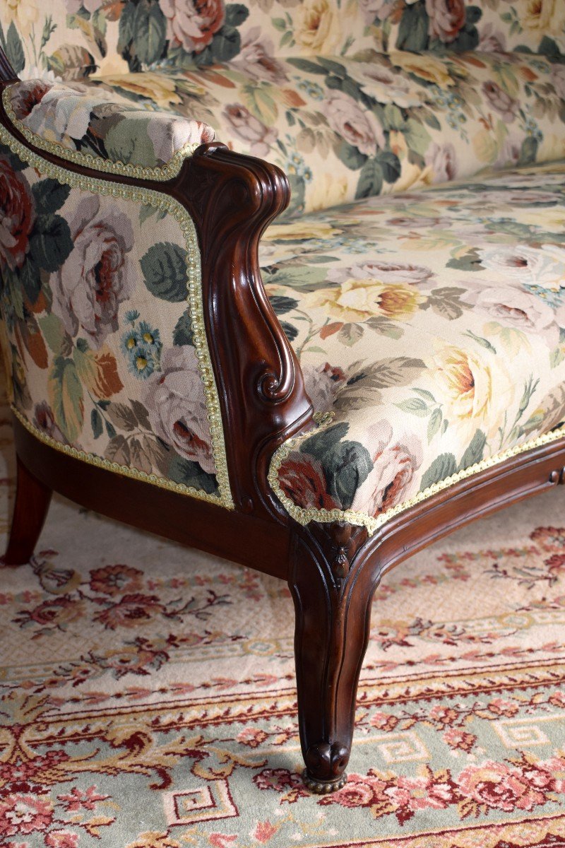 Carved Mahogany Bench, Three-seater Sofa, Fabric With Old Roses, XIX Eme Period-photo-4