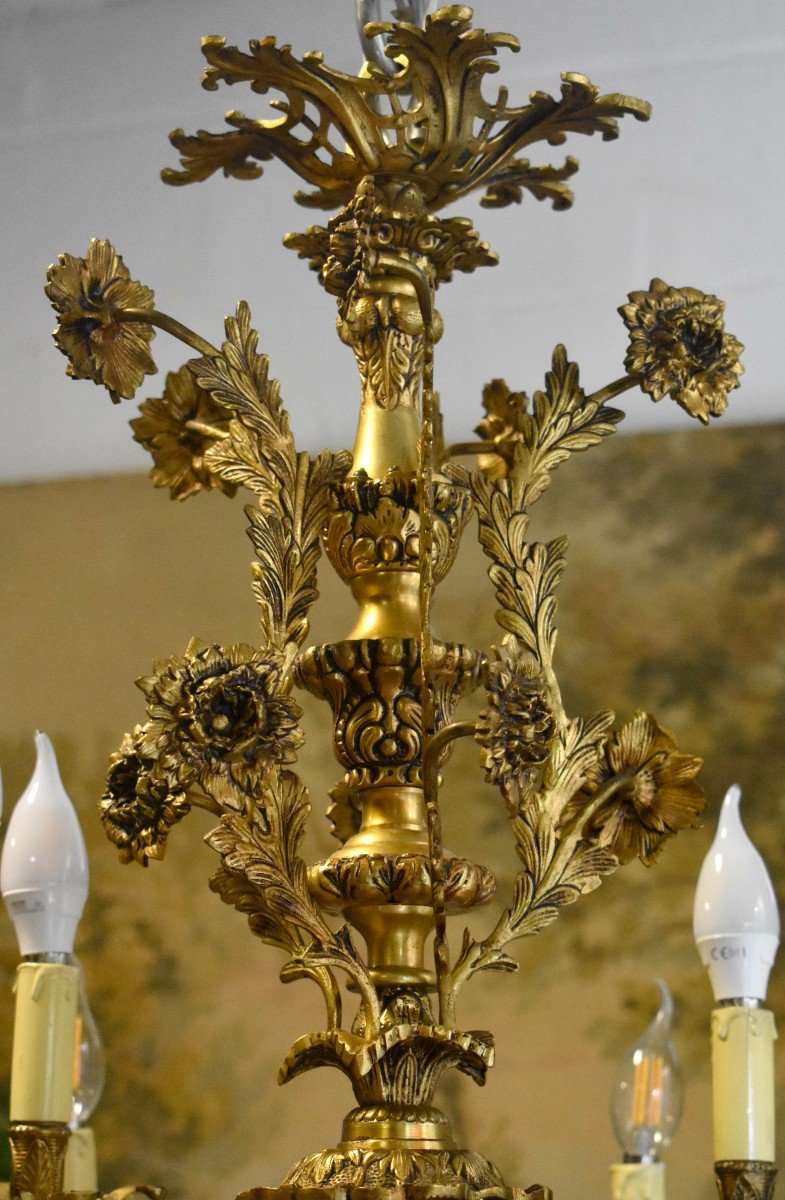 Grand Lustre Aux Fleurs Et Croisillons, 12 Bras De Lumi&egrave;re, Bronze Dor&eacute; Et Pampilles Cristal-photo-2