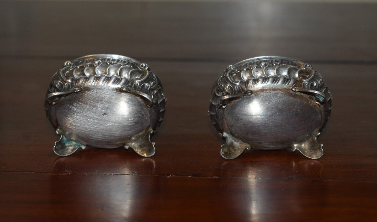 Pair Of Salt And Pepper Shakers In Rocaille Style Silver, Louis XV, Hallmark Minerva-photo-1