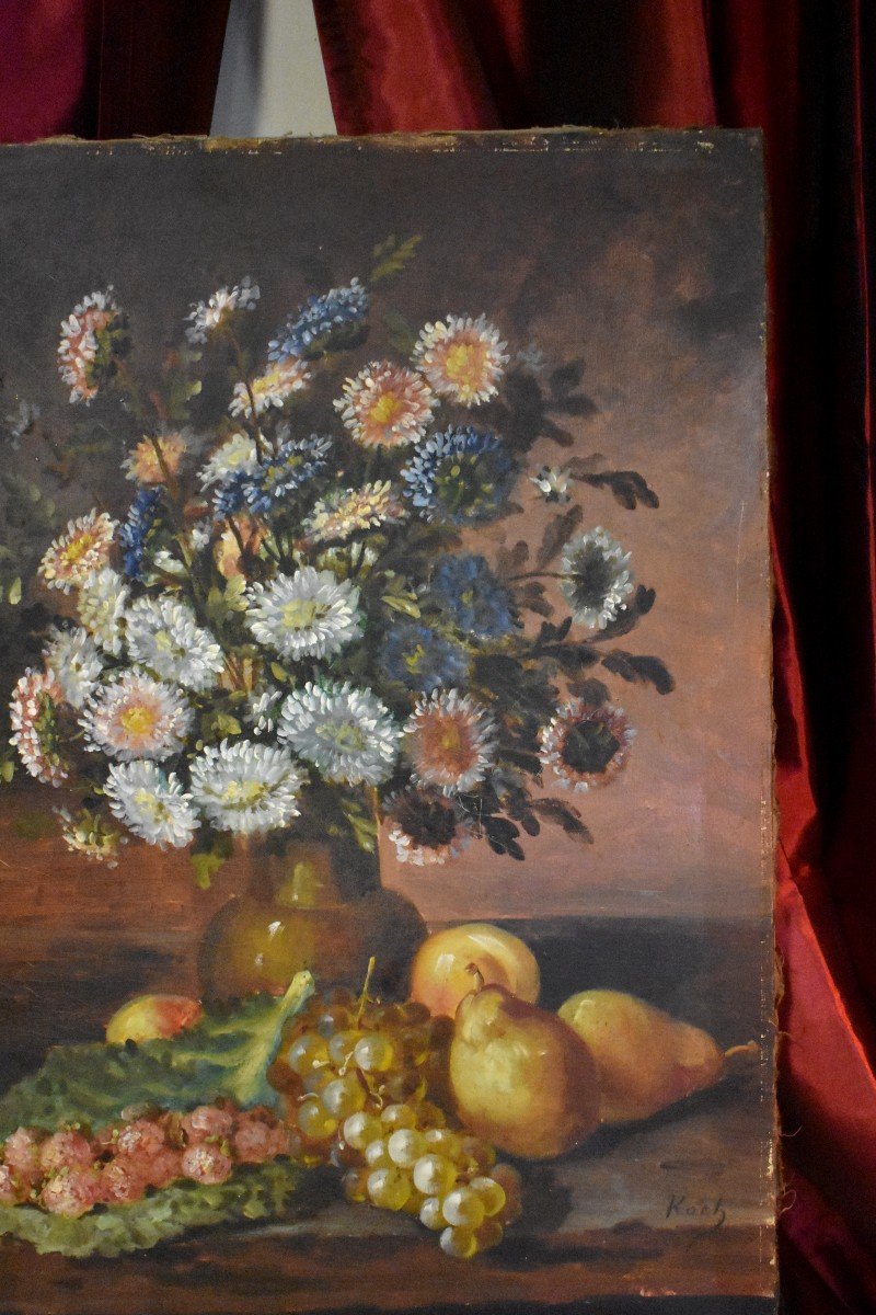 Still Life With Autumn Fruits And Flowers On Entablature, Oil On Canvas, XIX Eme-photo-2