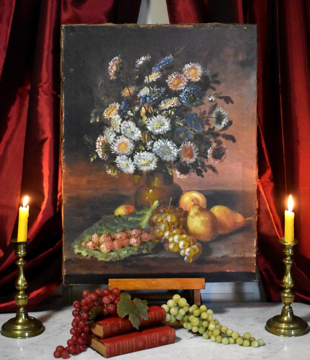 Nature Morte Aux Fruits Et Fleurs d'Automne Sur Entablement, Huile Sur Toile, XIX Eme