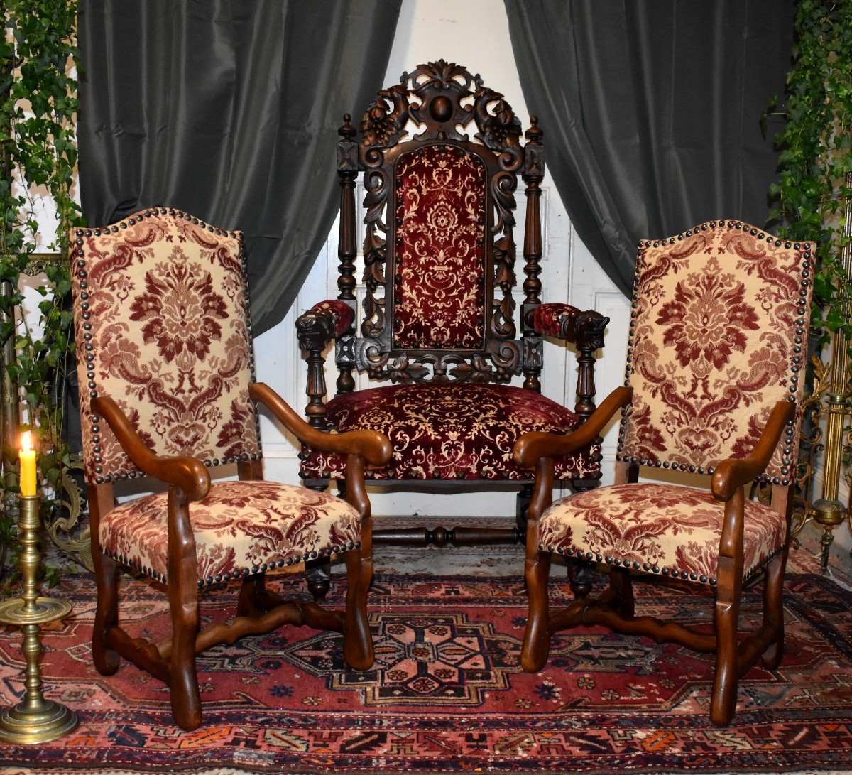 Pair Of Louis XIII Style Children's Armchairs, Child Seats, Genoa Velvet, XXth-photo-2
